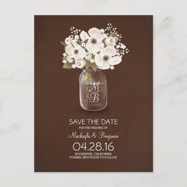 rustik glasburk med vita blommor save the date meddelande vykort (Framsida)