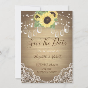 Rustik Glasburk, Spets, Solrosar Save The Date Spara Datumet