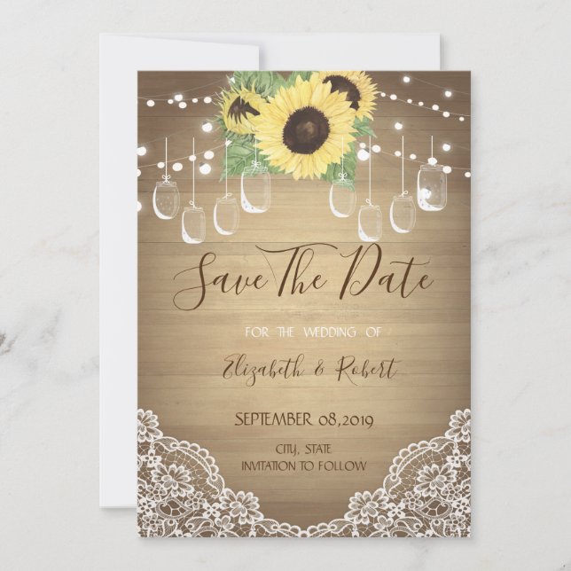 Rustik Glasburk, Spets, Solrosar Save The Date Spara Datumet (Framsida)