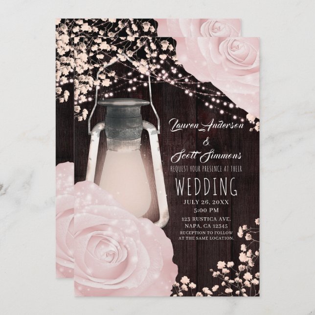 Rustik glöd Lantern Baby Rosa ros Bröllop Inbjudningar (Fram/baksida)