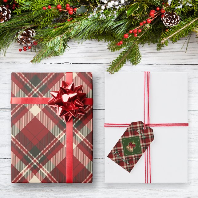 Rustik God Jul Klocka Röd Grön Tartan Röd Presentetikett (Skapare uppladdad)