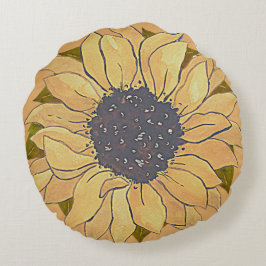 Rustik Golden Gult Solrosfärgsfärg blommigt R Rund Kudde