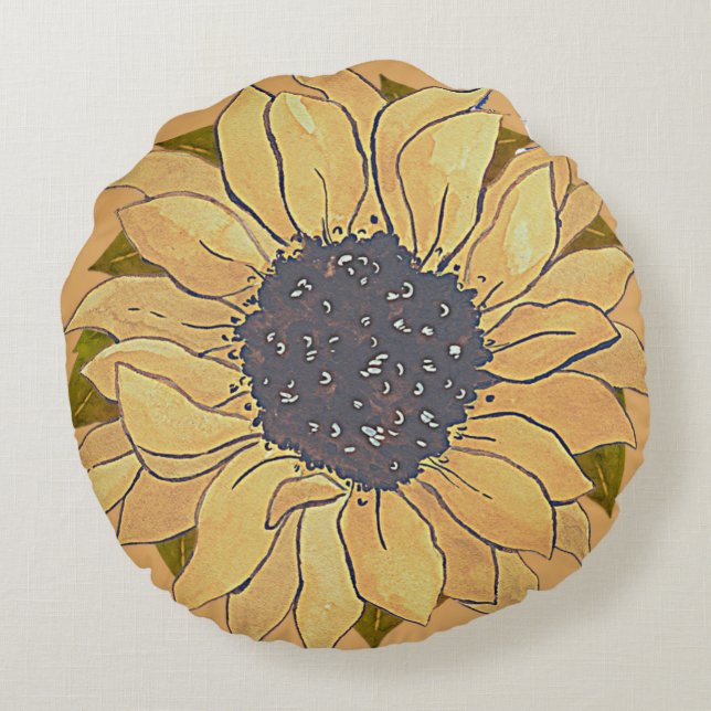 Rustik Golden Gult Solrosfärgsfärg blommigt R Rund Kudde (Baksidan)