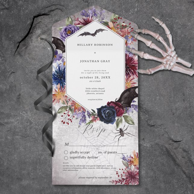 Rustik gotisk Halloweenbröllop utan middag (Rustic Gothic Colorful Halloween Wedding No Dinner All In One Invitation)