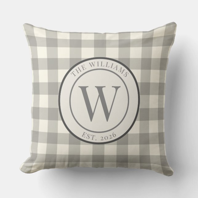 Rustik grå gingham-monogram familjevapen kudde (Framsida)