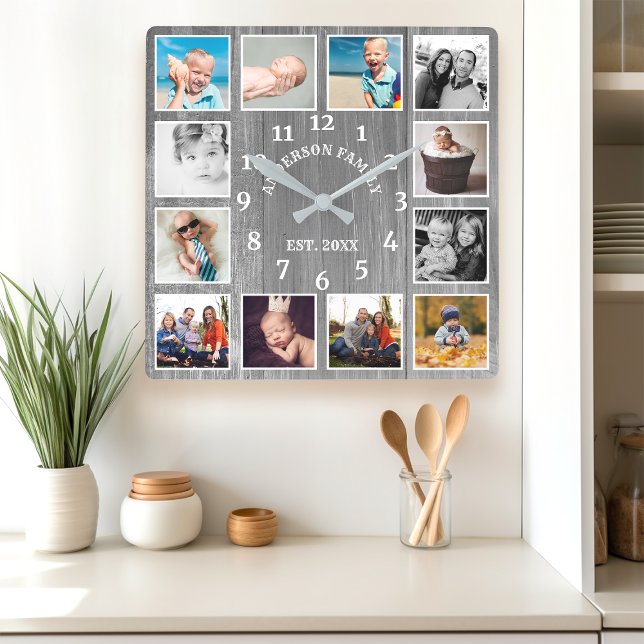 Rustik Grå Ladan Trähus 12 Fotoskollage Fyrkantig Klocka (Skapare uppladdad)