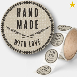 Rustik grå svart handgjord med kärlek sydd  runt klistermärke