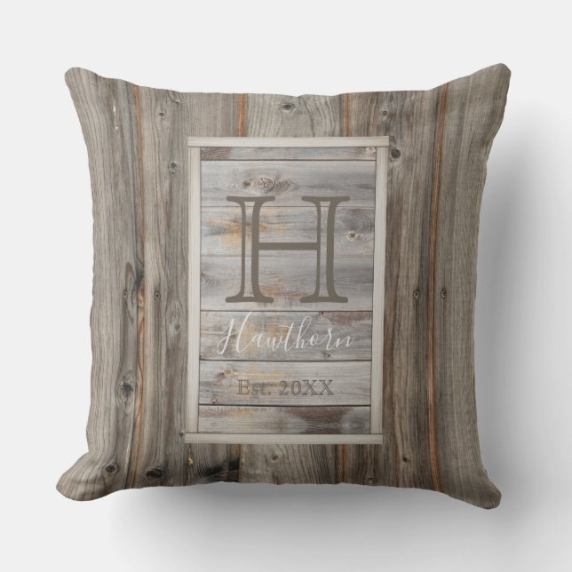Rustik grå träfton Monogram rektangel Kudde (Framsida)