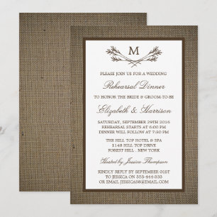 Rustik grenmonogram burlap repetition middag inbjudningar