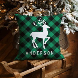 Rustik grön buffelplaid hjort jul monogram kudde