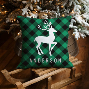 Rustik grön buffelplaid hjort jul monogram kudde