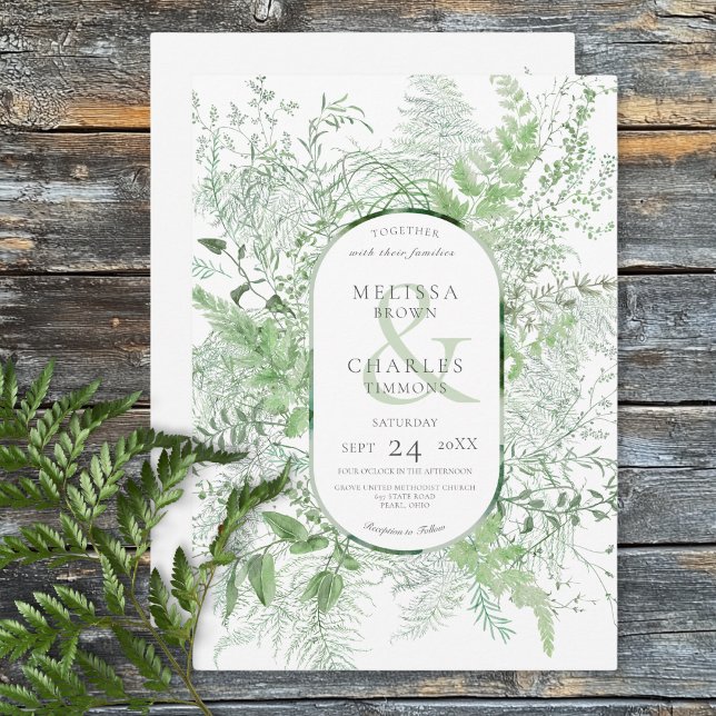 Rustik grön fernbladig vit bröllopsdekor inbjudningar (Rustic Fern Green Foliage White Wedding Invitation)