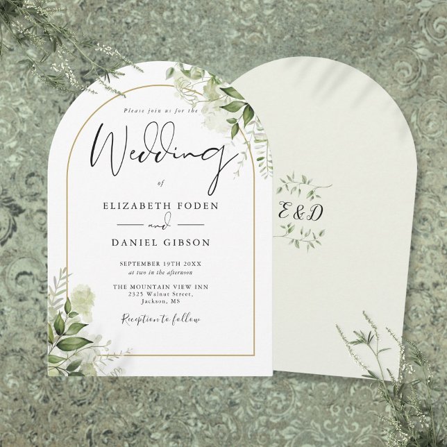 Rustik grön flora guld båge monogram bröllop inbjudningar (Rustic Greenery Floral Gold Arch Monogram Wedding Invitation)
