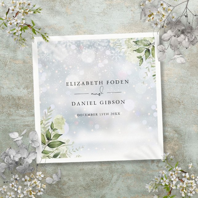 Rustik Grön Flora Vinter Snöflingor Pappersservett (Rustic Greenery Floral Winter Snowflakes Napkins)