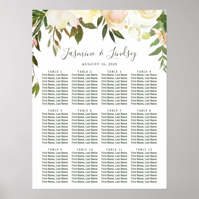 Rustik Grön Floral Bröllops Sittplatskarta Poster (Framsidan)