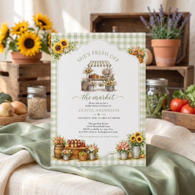 Rustik grön Gingham Hon är ny på marknaden Inbjudningar (Rustic Green Gingham She's Fresh Off The Market Invitation)