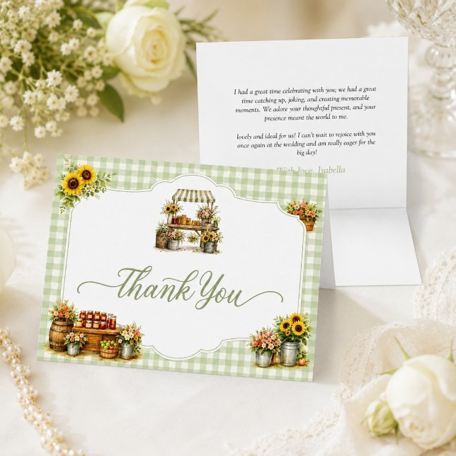 Rustik grön Gingham Hon är precis på marknaden Tack Kort (Rustic Green Gingham She's Fresh Off The Market Letterpress Thank You Card)