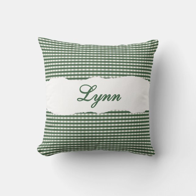Rustik grön gingham personlig namn kudde (Framsida)