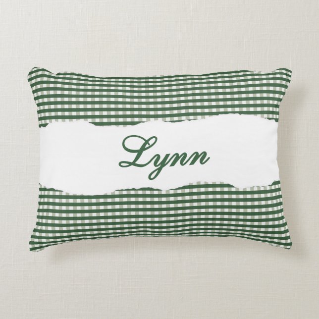 Rustik grön gingham personlig namn prydnadskudde (Framsidan)