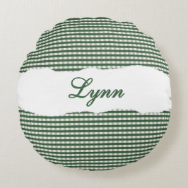 Rustik grön gingham personlig namn rund kudde
