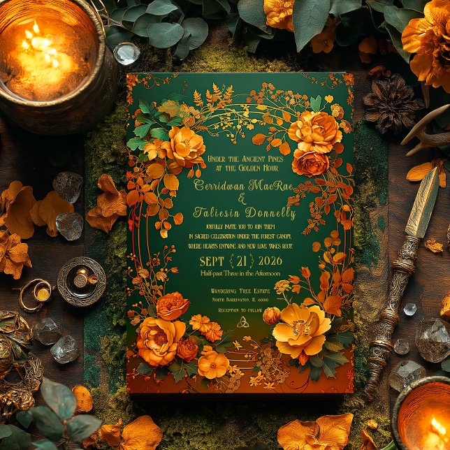 Rustik grön höstblomster & guld höstbröllop inbjudningar (Elegant Enchanting Autumn Druid Hill Wedding invitation )