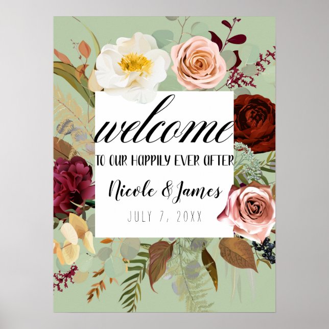 Rustik Grön Landsbygd Blommig Bröllops Välkomst Poster (Framsidan)
