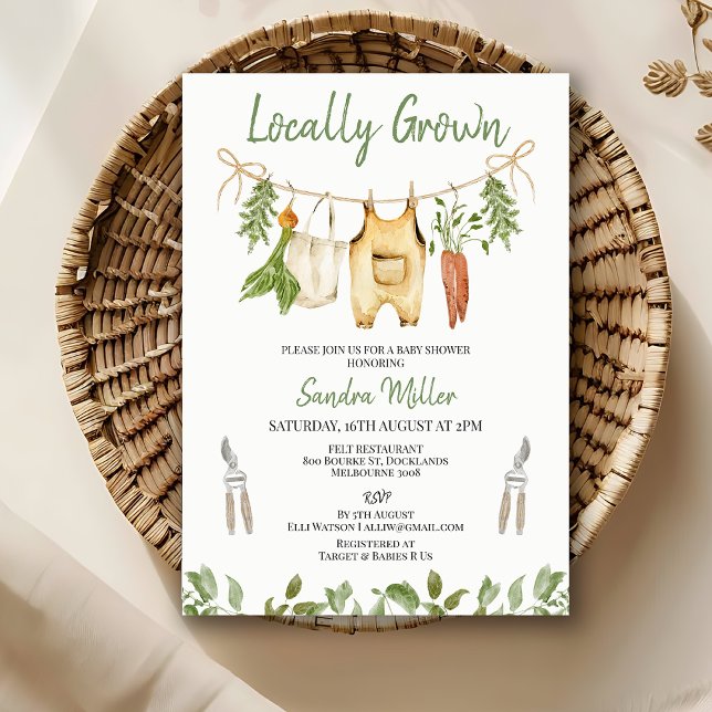 Rustik Grön Lokalt Odlad Babyfirande  Inbjudningar (Locally Grown Baby Shower Invitation, Locally Grown baby Show Invite Template, Rustic Farm Invite)