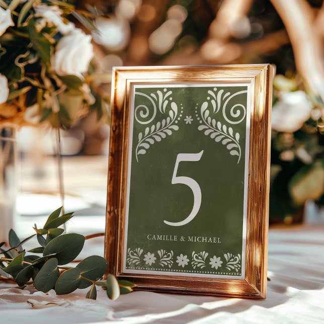 Rustik grön mexikansk bröllopsdekoration bordsnummer (Green Papel Picado Wedding Table Numbers signs)