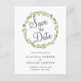 Rustik grön olivlövskrans Save the Date Meddelande Vykort
