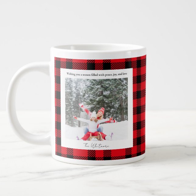 Rustik grön röd rutig monogram 2 foto jul jumbo mugg (Vänster)