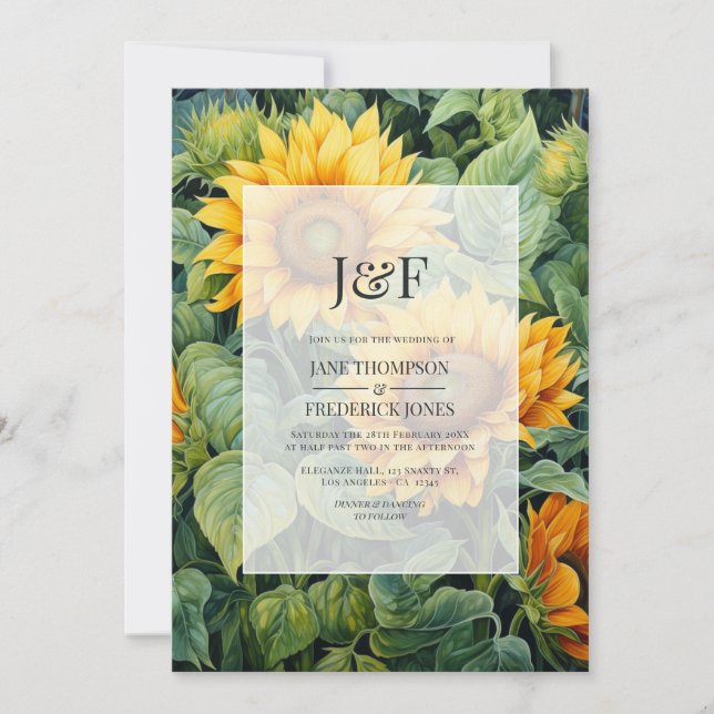 Rustik grön & solros blomsterbröllopsmonogram inbjudningar (Framsida)