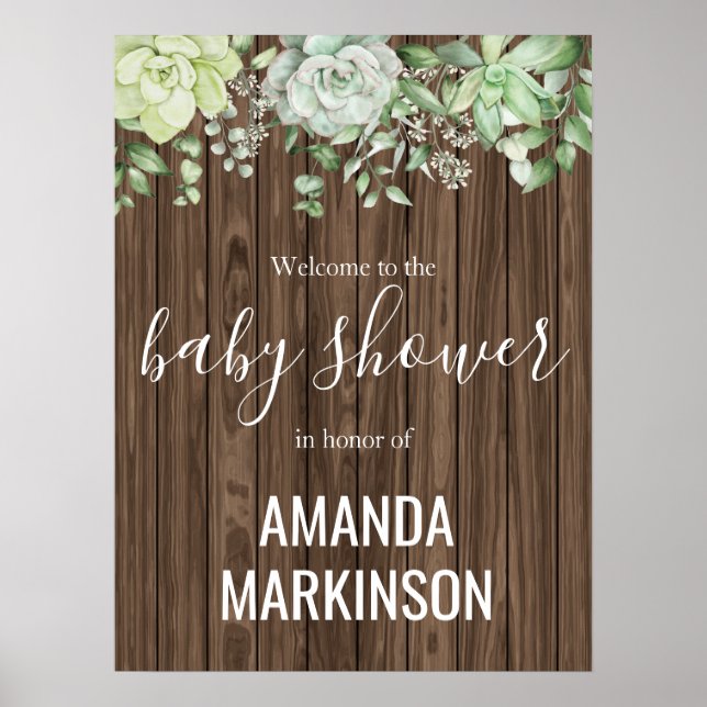 Rustik grön suckulent modern baby shower poster (Framsidan)