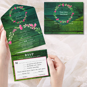 Rustik Grön Trä Rosa Blommig Land Bryllop RSVP
