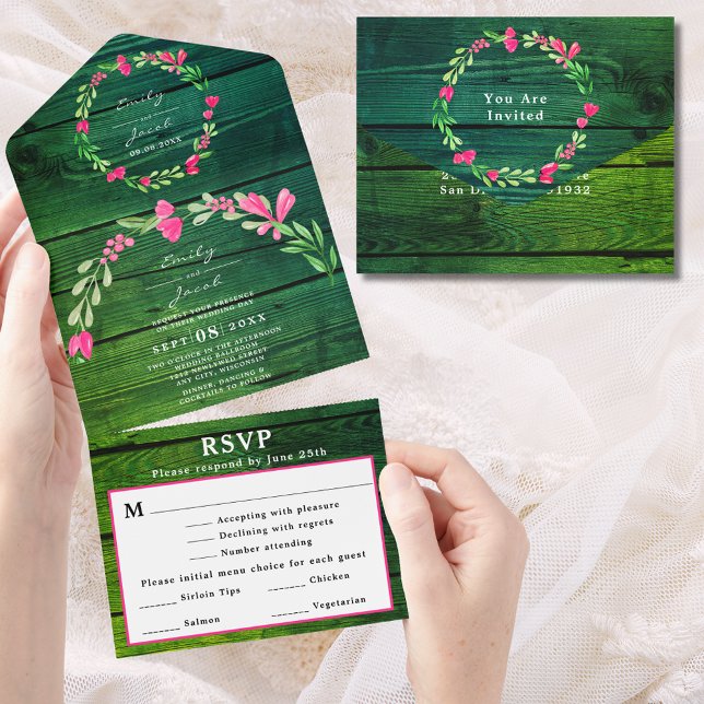 Rustik Grön Trä Rosa Blommig Land Bryllop RSVP (Rustic Green Wood Pink Floral Country Wedding RSVP All In One Invitation)