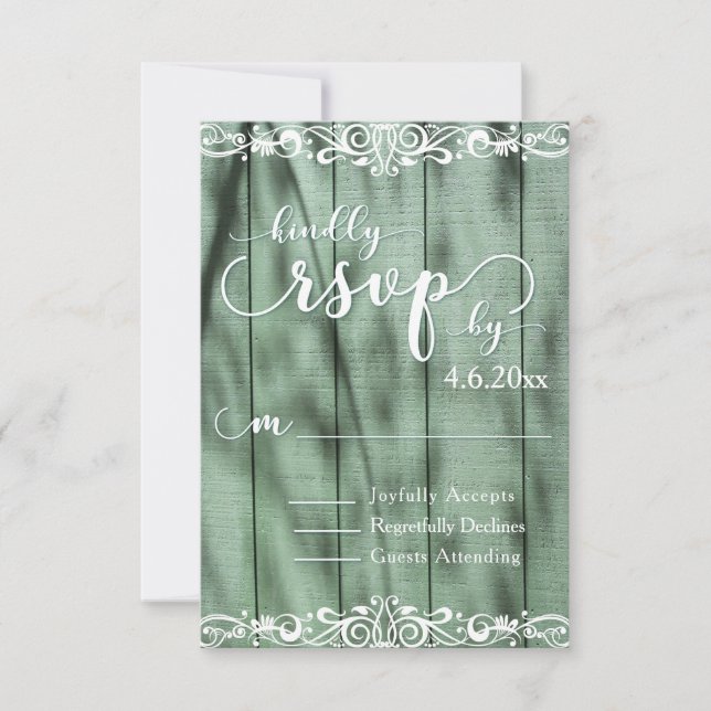Rustik grön trä vit scrollwork RSVP OSA Kort (Framsida)
