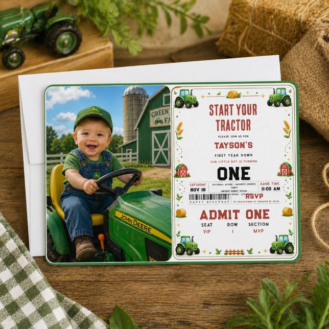 Rustik grön traktor gård 1-års födelsedag inbjudningar (Rustic Green Tractor Farm 1st birthday Invitation
)