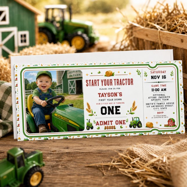Rustik grön traktor gård 1-års födelsedagsbiljett inbjudningar (Rustic Green Tractor Farm 1st Birthday Ticket Invitation
)