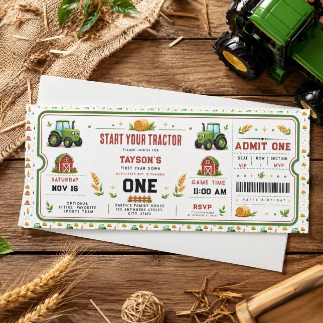 Rustik grön traktor gård 1-års födelsedagsbiljett inbjudningar (Rustic Green Tractor Farm 1st Birthday Ticket Invitation
)