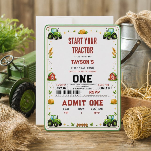 Rustik Grön Traktor Gård Första Året Ner Biljett Inbjudningar (Rustic Green Tractor Farm 1st birthday Invitation
)