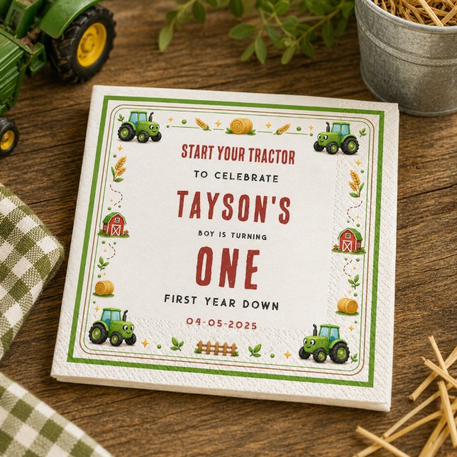 Rustik grön traktor gård första året ner en pappersservett (Rustic Green Tractor Farm First Year Down One Paper napkins
)