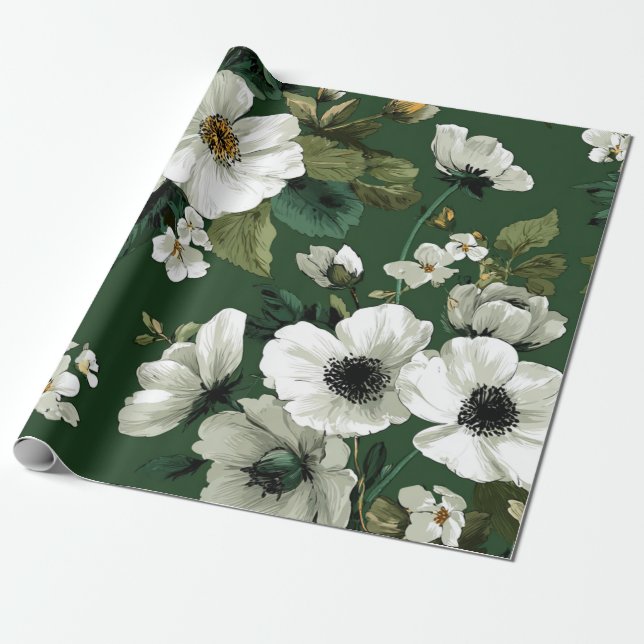 Rustik grön vit botanisk djärv vintage blommig presentpapper (Utrullad)