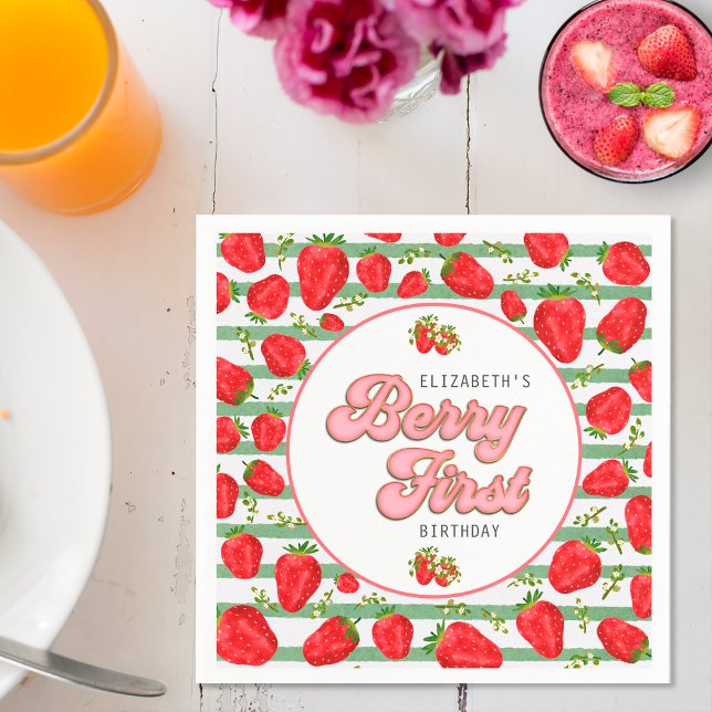 Rustik Grön Vit Jordgubbsmönster Berry Först Pappersservett (Skapare uppladdad)