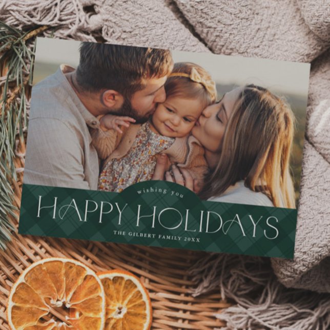 Rustik grönrutig budgetfoto julkort (Rustic green plaid budget photo holiday card.)