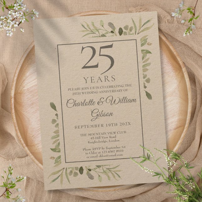 Rustik Grönska 25-års Silverbröllop Inbjudningar (Rustic Greenery 25th Silver Wedding Anniversary Invitation)