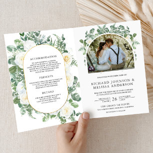 Rustik Grönska Elfenbensblommig Foto QR-kod Bröllo Inbjudan