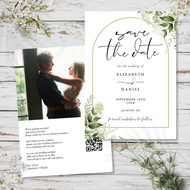 Rustik Grönska Guld Båg Bröllopsfoto QR-kod Spara Datumet (Rustic Greenery Gold Arch Photo QR Code Wedding Save The Date)