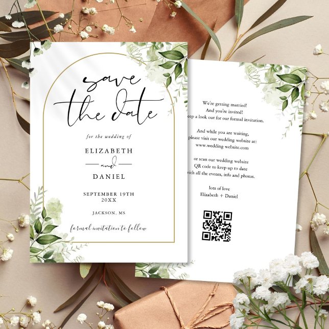 Rustik grönska Guld Båg QR-kod Bröllop Spara Datumet (Rustic Greenery Gold Arch QR Code Wedding Save The Date)