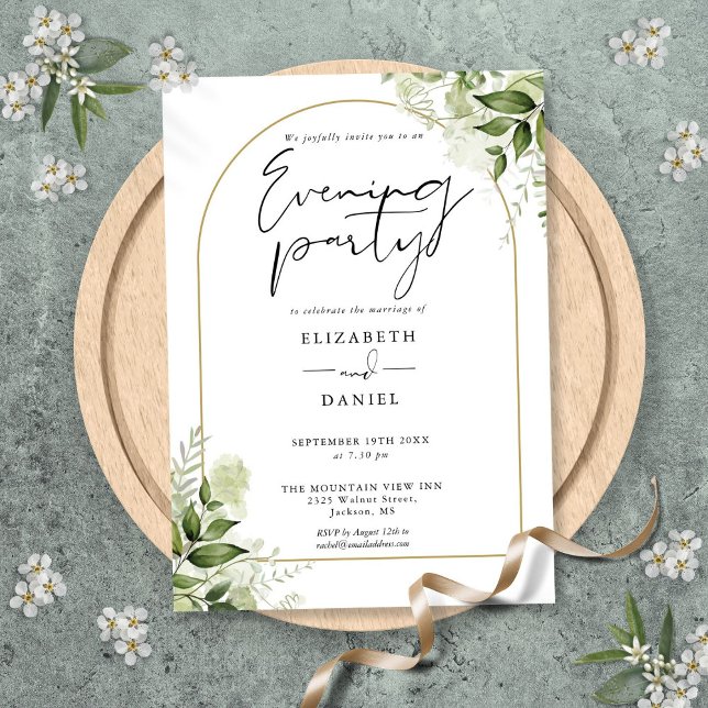 Rustik Grönska Guld Båge Bröllop Kvällsfest Inbjudningar (Rustic Greenery Gold Arch Wedding Evening Party Invitation)