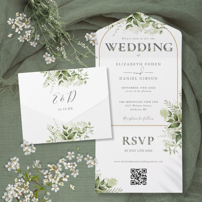 Rustik Grönska Guld Båge QR-kod Bröllop (Rustic Greenery Gold Arch QR Code Wedding All In One Invitation)