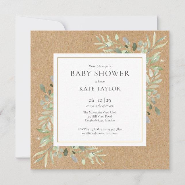 Rustik Grönska Neutral Allt-i-ett Baby Shower Inbjudningar (Framsida)